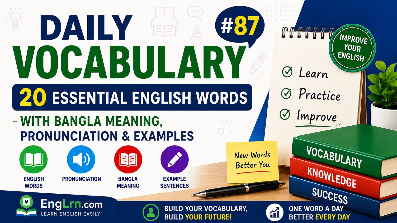 Daily Vocabulary #87, 20 Essential English Words with Bangla Meaning