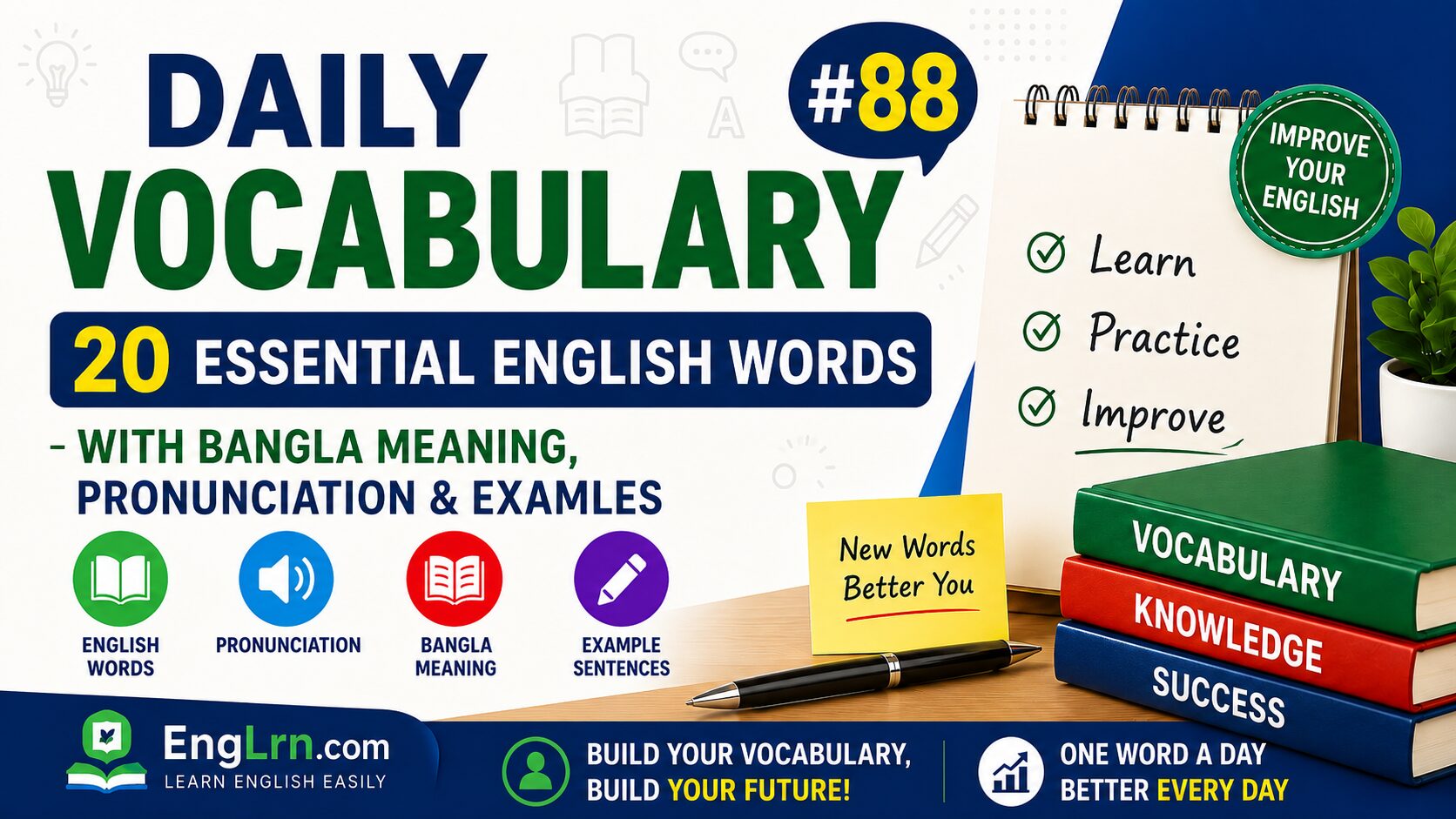 Daily Vocabulary #88, 20 Essential English Words with Bangla Meaning