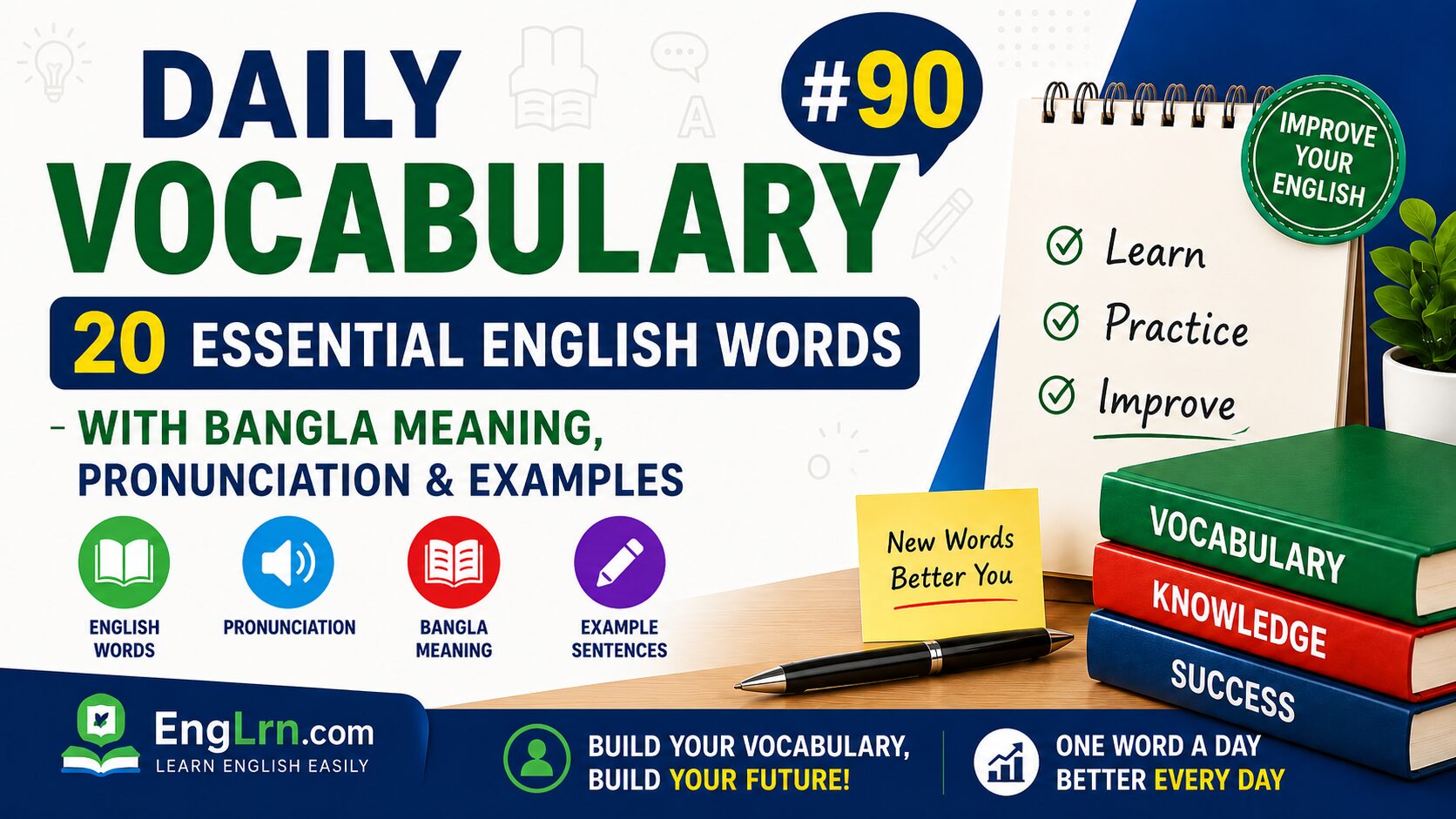 Daily Vocabulary #90, 20 Essential English Words with Bangla Meaning