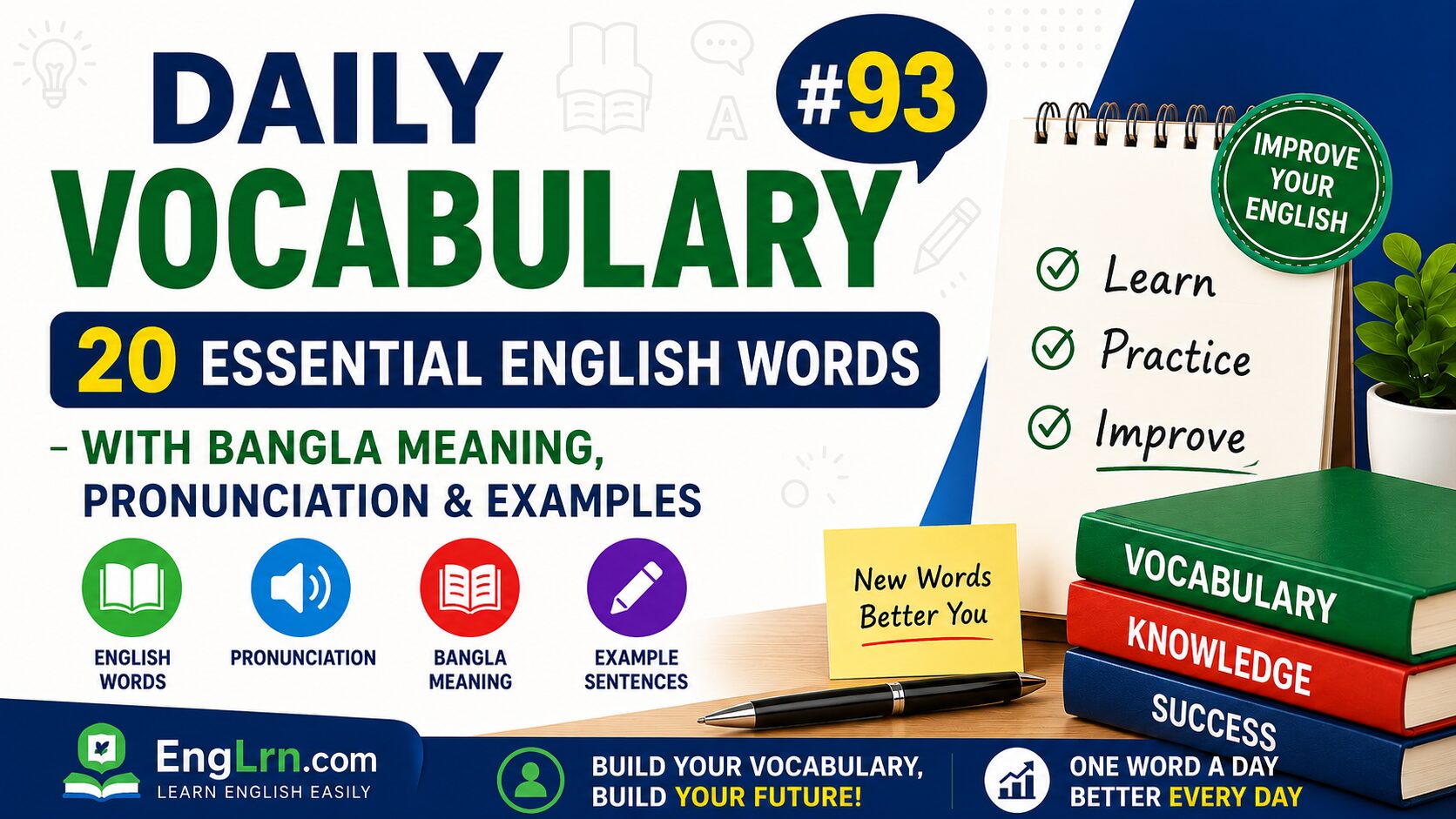 Daily Vocabulary #93, 20 Essential English Words with Bangla Meaning