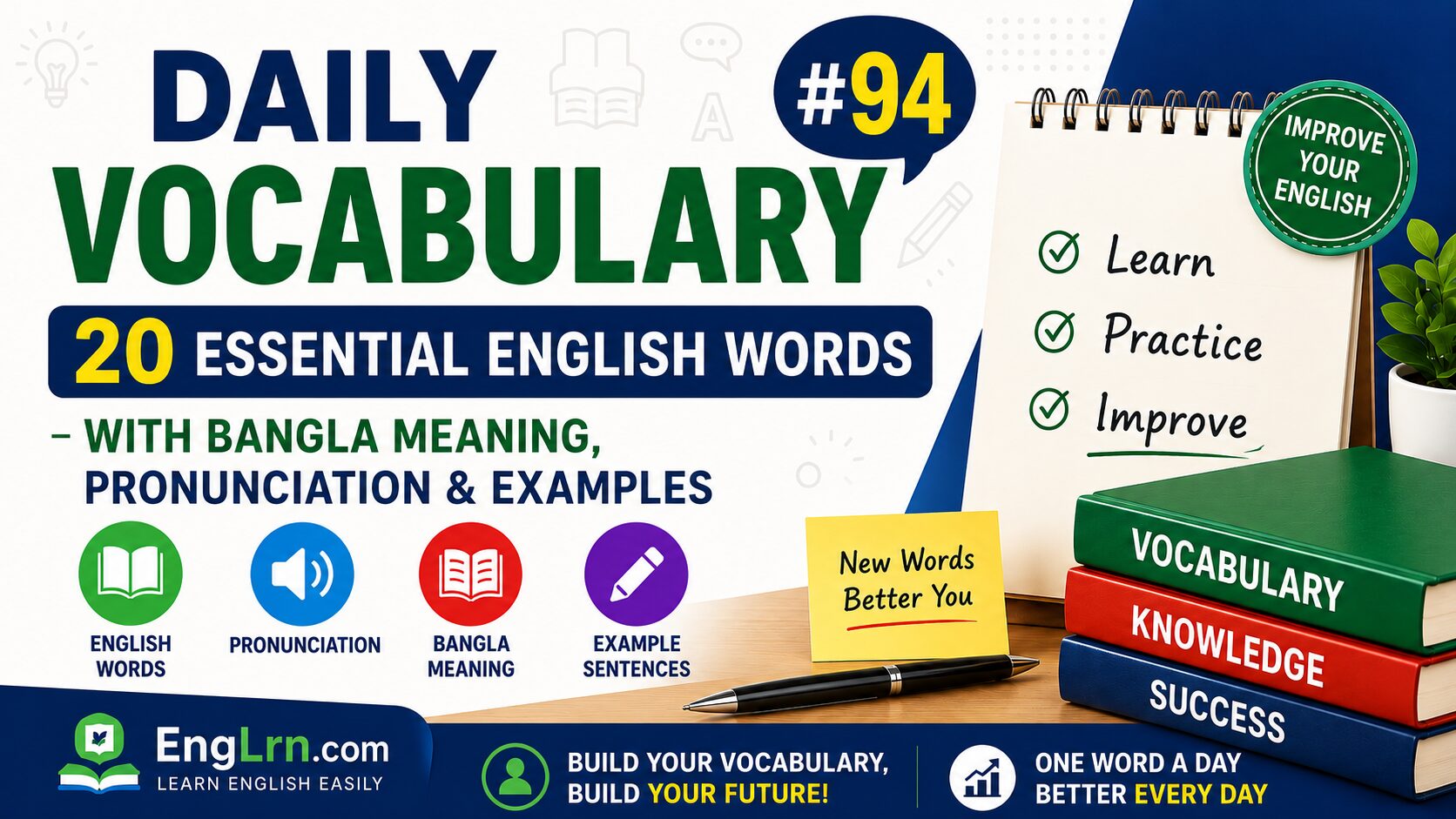 Daily Vocabulary #94, 20 Essential English Words with Bangla Meaning