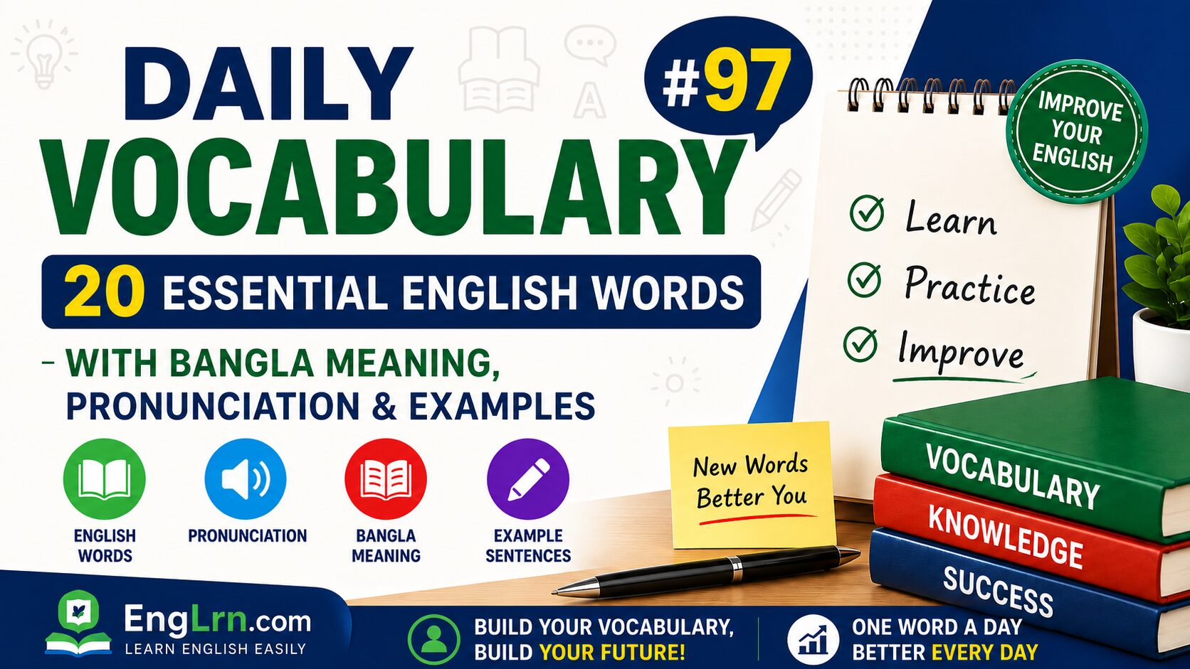 Daily Vocabulary #97, 20 Essential English Words with Bangla Meaning