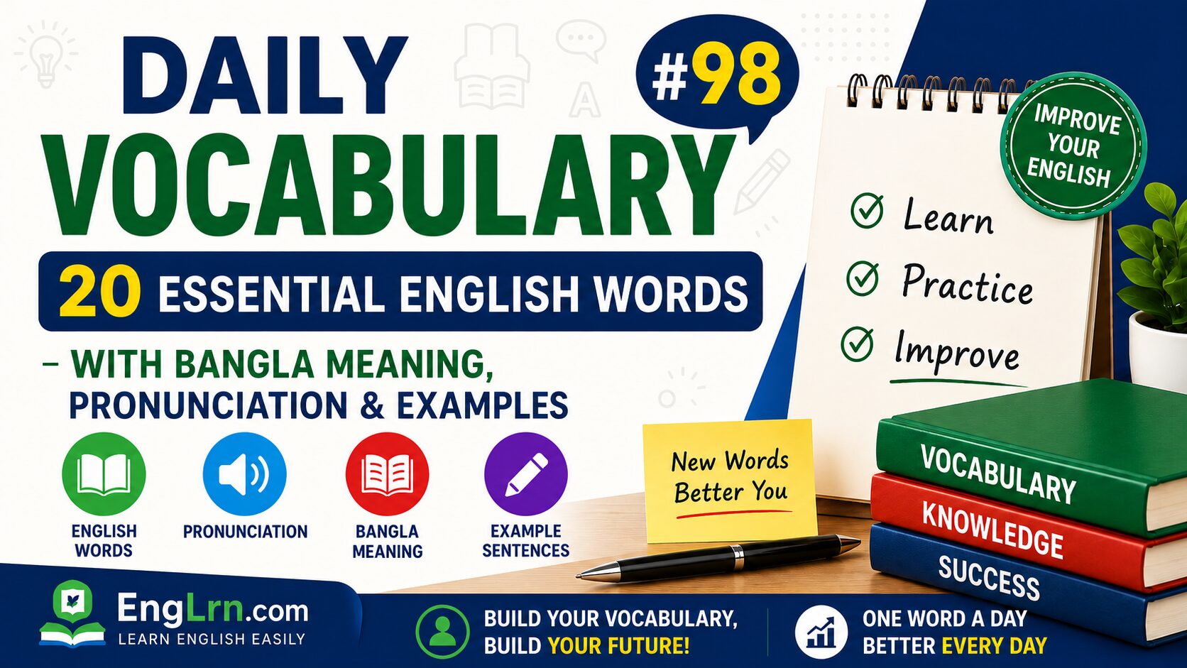 Daily Vocabulary #98, 20 Essential English Words with Bangla Meaning