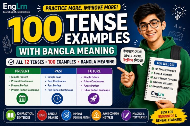 100 Tense Examples with Bangla Meaning showing all 12 English tenses, present past and future tense examples, Bangla meanings, common mistakes and practice exercises for Bengali learners