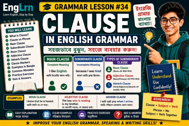 Clause in English Grammar lesson with Bengali explanation, main clause, subordinate clause, noun clause, adjective clause, adverb clause, examples, practice exercises and quiz