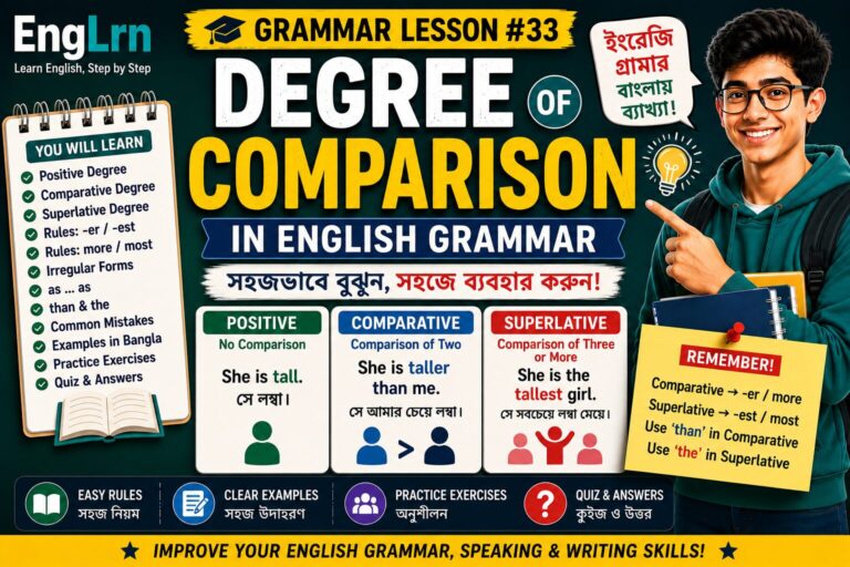 Degree of Comparison in English Grammar lesson with Bengali explanation, positive degree, comparative degree, superlative degree, er est rules, more most rules, examples, practice exercises and quiz