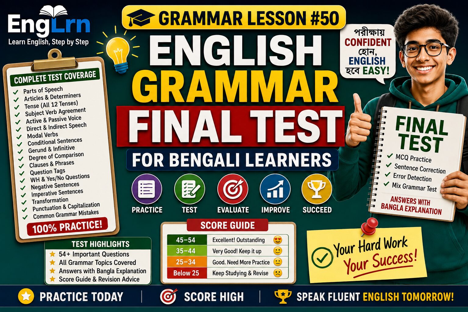 English Grammar Final Test for Bengali Learners lesson with Bengali explanation, grammar final test, parts of speech, articles, determiners, tenses, subject verb agreement, active passive voice, direct indirect speech, modal verbs, conditional sentences, gerund infinitive, degree of comparison, clauses, phrases, question tags, WH questions, punctuation, capitalization, common grammar mistakes, answers and score guide