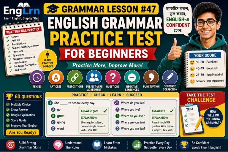 English Grammar Practice Test for Beginners lesson with Bengali explanation, grammar quiz, tense practice, articles, prepositions, subject verb agreement, pronouns, questions, negative sentences, punctuation, sentence correction, 60 questions, answers and score guide