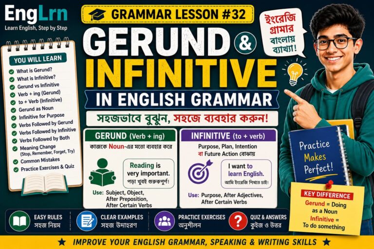 Gerund and Infinitive in English Grammar lesson with Bengali explanation, verb ing gerund, to verb infinitive, rules, examples, practice exercises and quiz