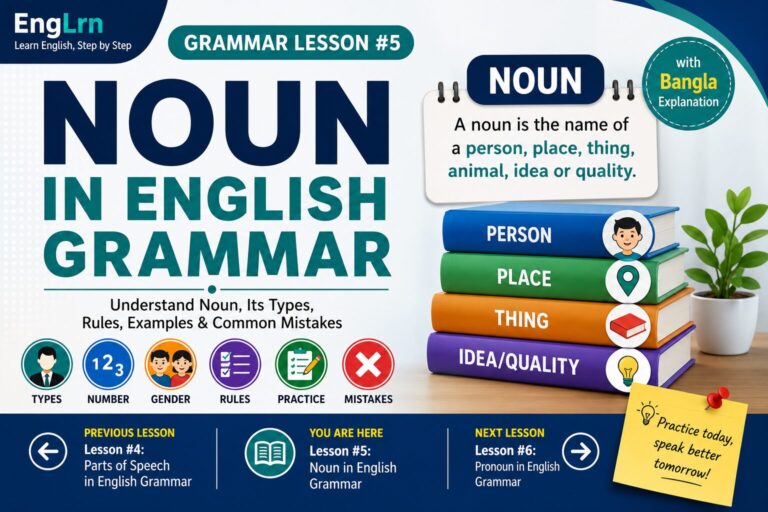 Noun in English Grammar lesson showing person, place, thing, animal, idea and quality with Bangla explanation