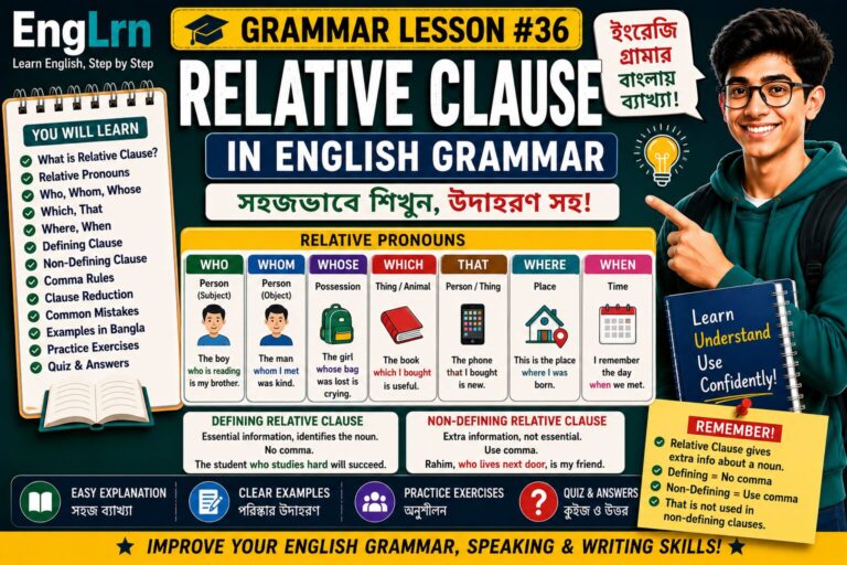 Relative Clause in English Grammar lesson with Bengali explanation, relative pronouns, who, whom, whose, which, that, where, when, defining and non-defining relative clauses, examples, practice exercises and quiz