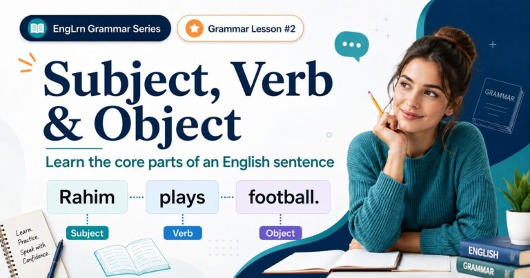 Subject Verb and Object English grammar lesson with Rahim plays football example