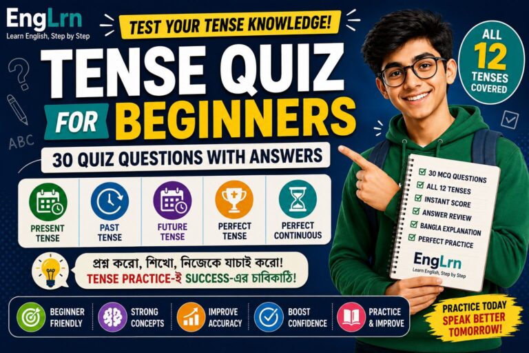 Tense Quiz for Beginners showing 30 English grammar quiz questions with answers, all 12 tenses covered, instant score, answer review, Bangla explanation and beginner-friendly tense practice