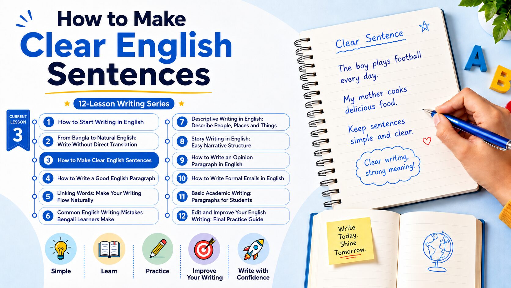 How to make clear English sentences with subject verb structure for Bengali learners