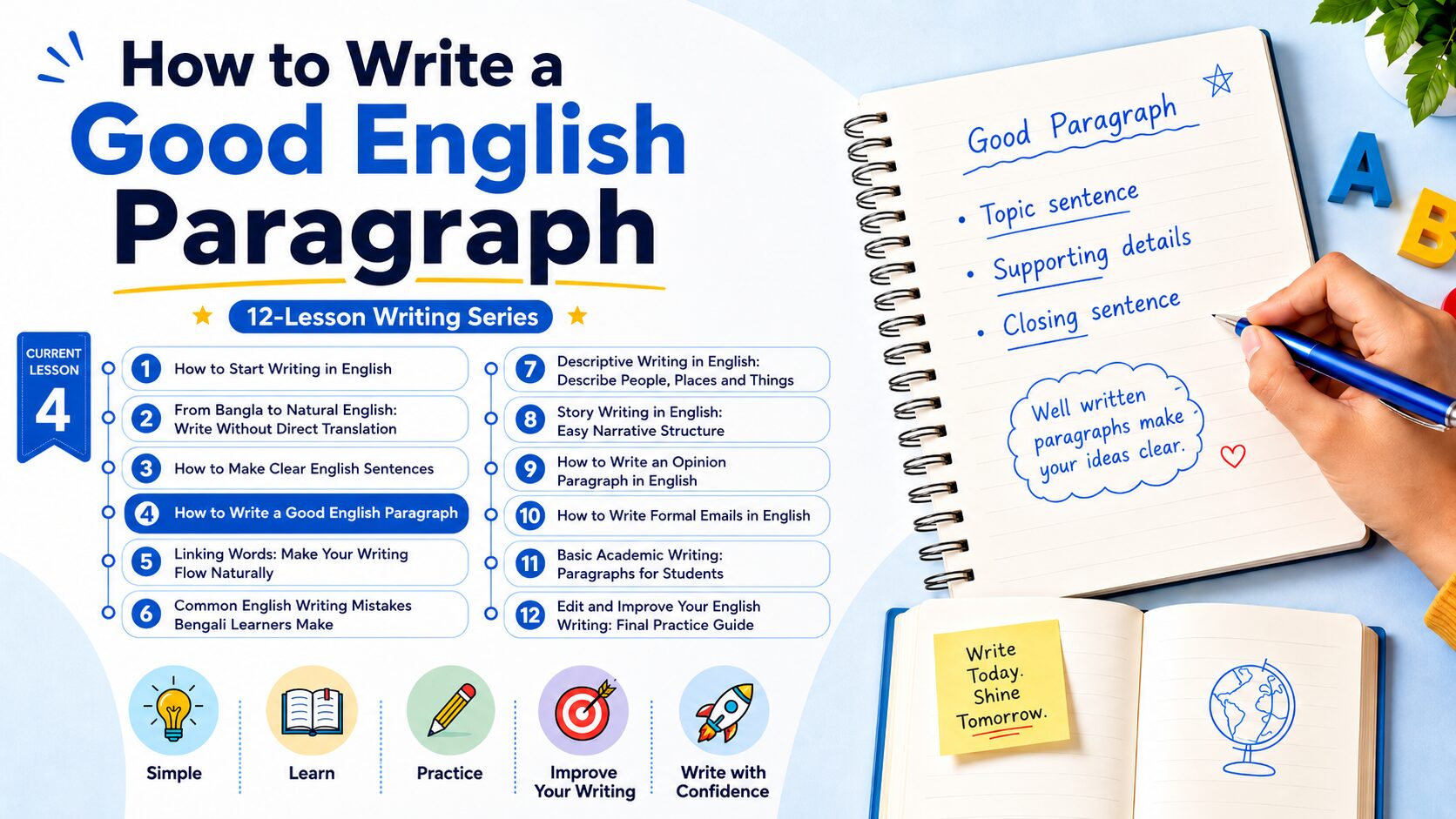 How to write a good English paragraph showing topic sentence supporting sentences and conclusion